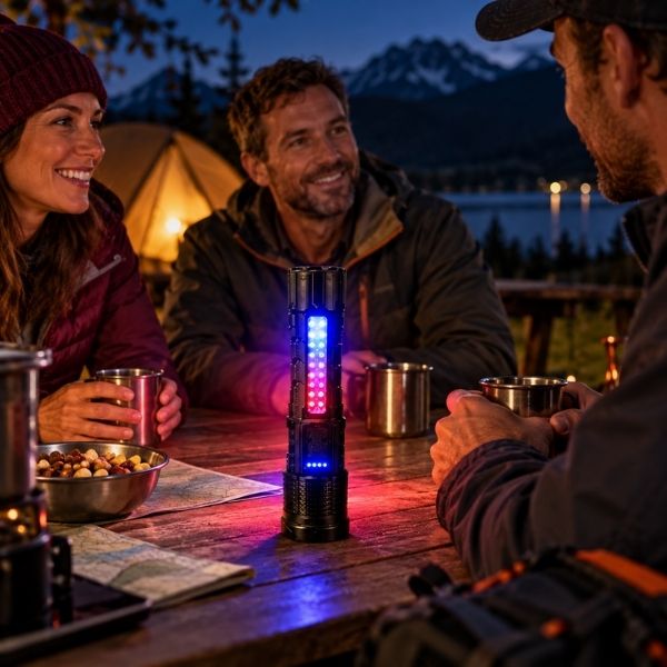 Personnes bivouac discutent soir avec lampe torche rechargeable puissante