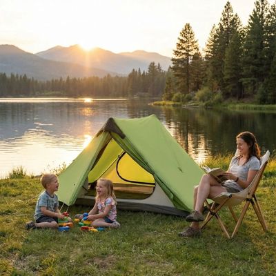 Tente canadienne plantée bord lac famille devant