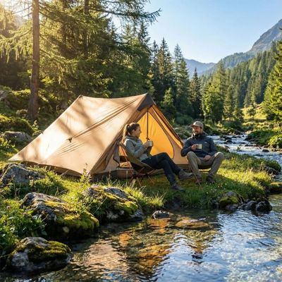 Tente canadienne plantée bord ruisseau couple assis devant