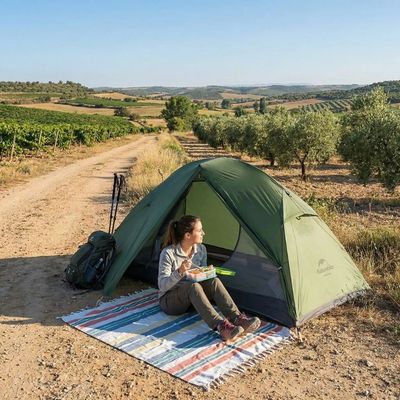 Tente trekking 1 place plantée bord chemin vignes