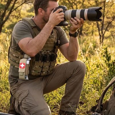 Tourniquet garrot fixé plastron homme pendant photographie animalière