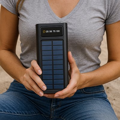 Femme présente sa batterie portable solaire 