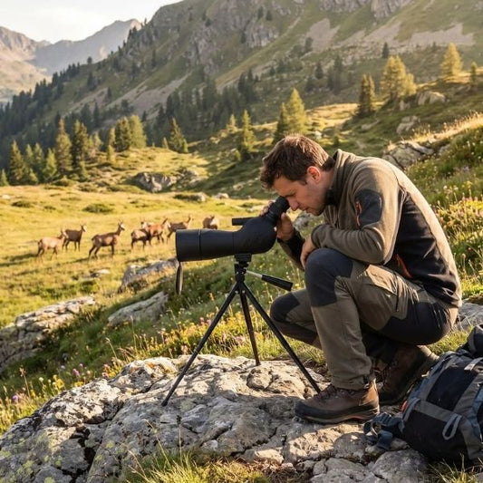 Randonneur observant des chamois avec la jumelle monoculaire EagleView sur trépied