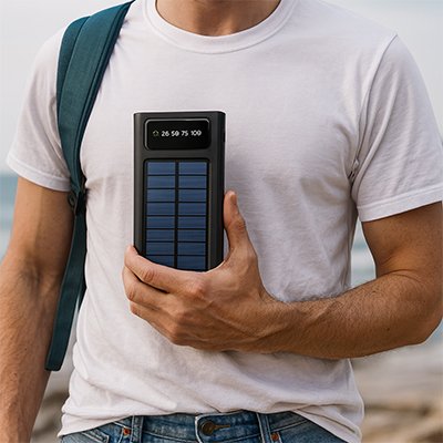 Homme transporte sa batterie portable solaire dans main