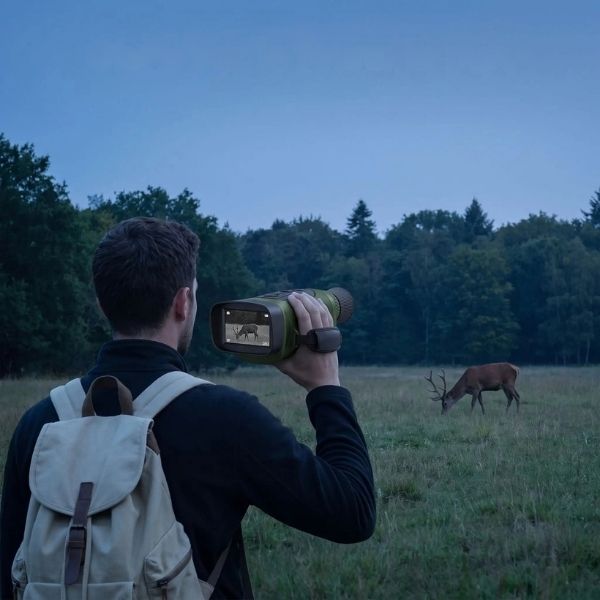 Randonneur observant un cerf au crépuscule avec le monoculaire vision nocturne ForestIR vert