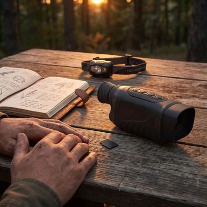 Monoculaire vision nocturne noir et carnet de nature sur une table de bivouac