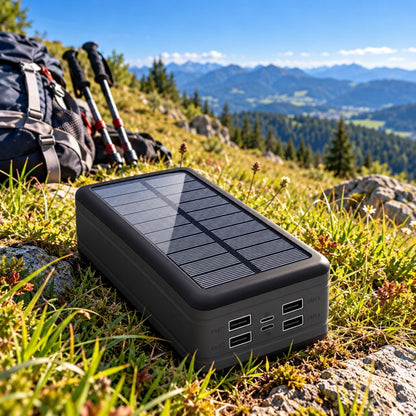 Powerbank solaire 50000 mAh noire dans l'herbe en montagne, près d'un sac et de bâtons de marche