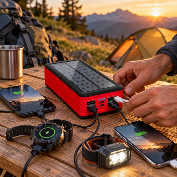 Batterie externe solaire 50000 mAh orange et noire avec 4 ports USB, sur fond blanc