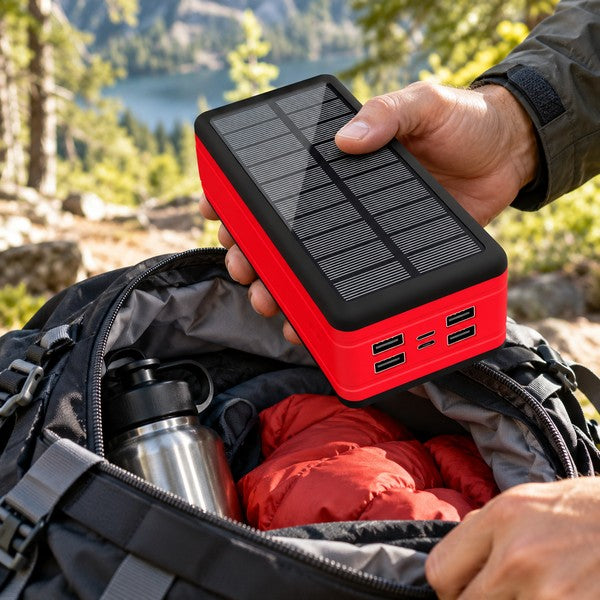 Randonneur rangeant une powerbank solaire 50000 mAh rouge dans son sac à dos