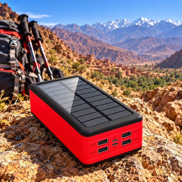 Powerbank solaire 50000 mAh rouge sur un rocher lors d'un trek dans l'Atlas