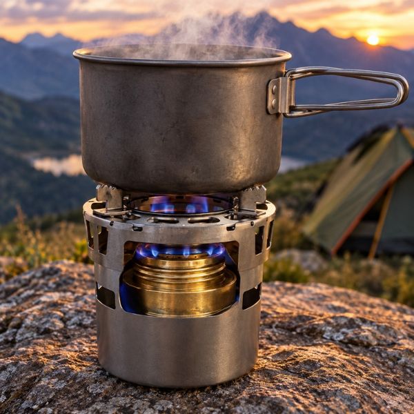 Réchaud à alcool VentoFlam argent au bivouac en montagne
