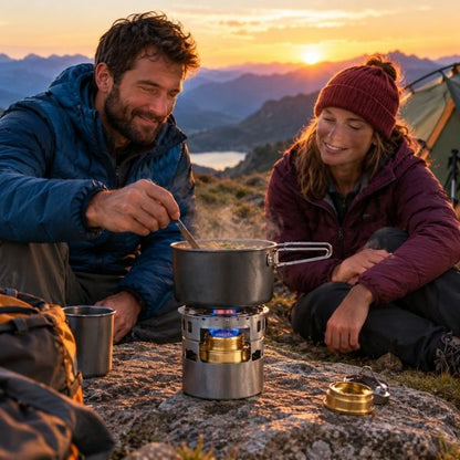 Couple au bivouac cuisinant sur le réchaud à alcool VentoFlam