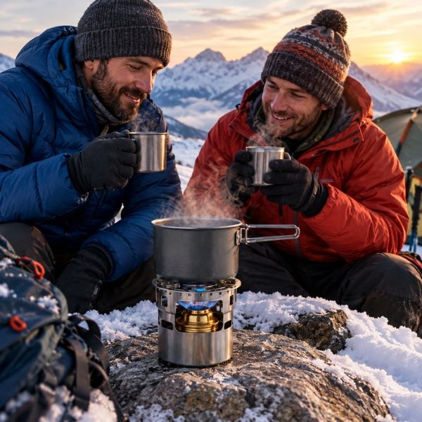 Pause café dans la neige, réchaud à alcool VentoFlam