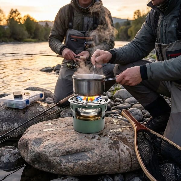 Pêcheurs en rivière cuisinant sur le réchaud à alcool VentoFlam