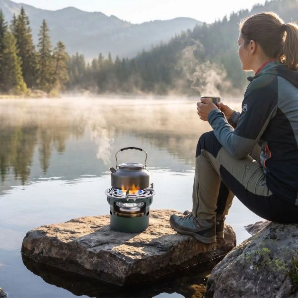 Randonneuse au lac avec le réchaud à alcool VentoFlam vert