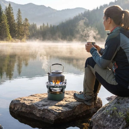 Randonneuse au lac avec le réchaud à alcool VentoFlam vert