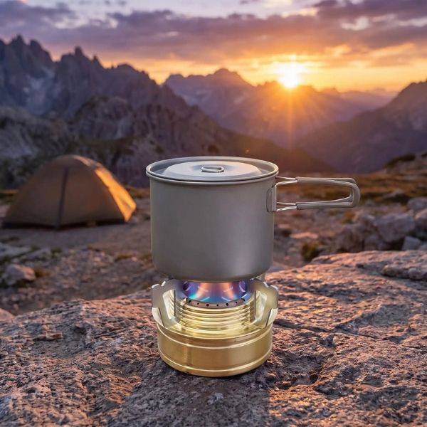 Réchaud alcool AlcoFlam avec casserole au bivouac en montagne