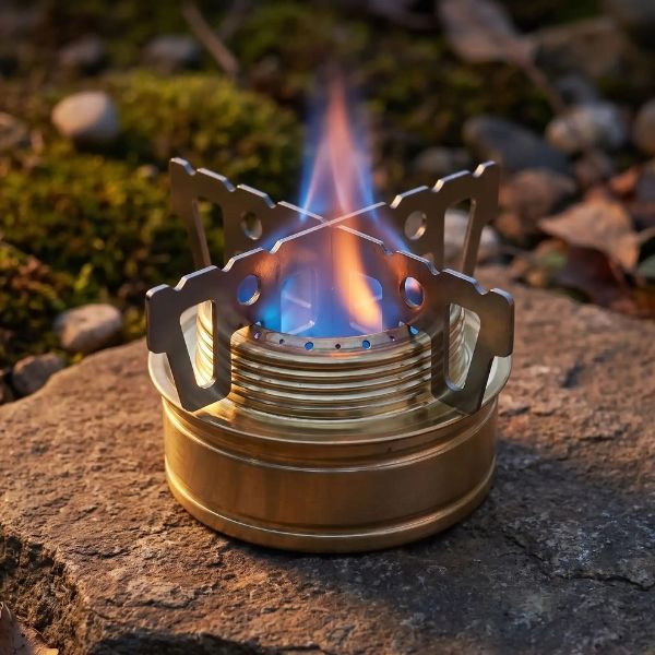 Flamme du réchaud alcool AlcoFlam sur une pierre plate