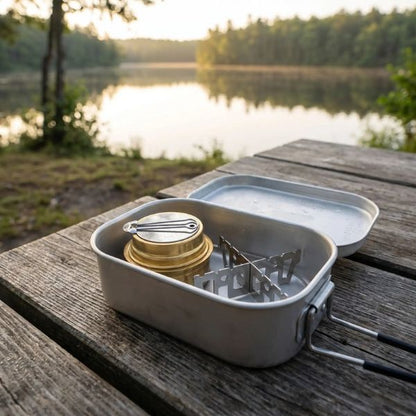 Réchaud alcool AlcoFlam rangé dans une popote près d'un lac