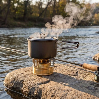 Réchaud alcool AlcoFlam sur un rocher au bord d'une rivière