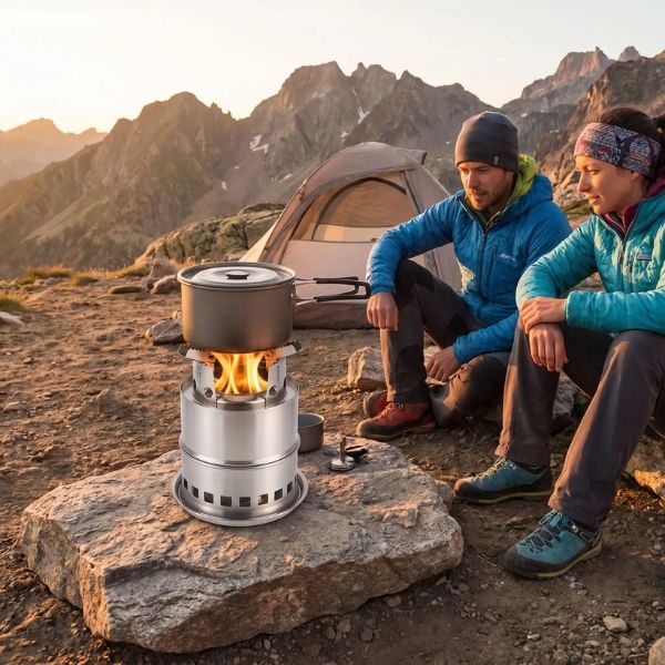 Couple au bivouac en montagne avec le réchaud SylvaFlam