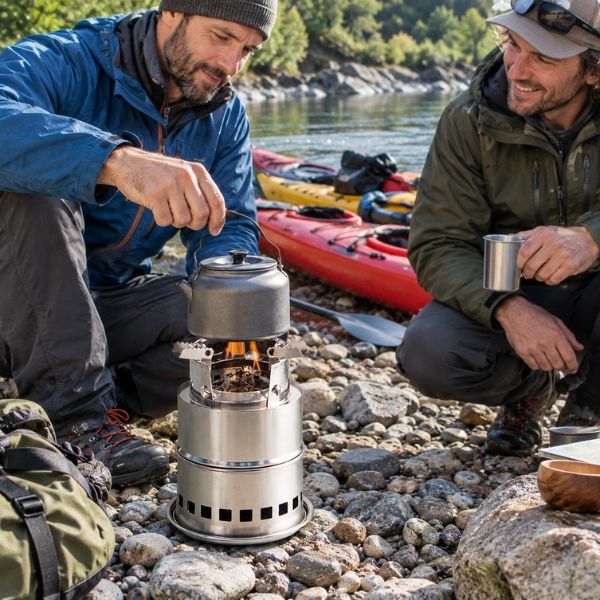 Pause café en kayak avec le réchaud bivouac SylvaFlam