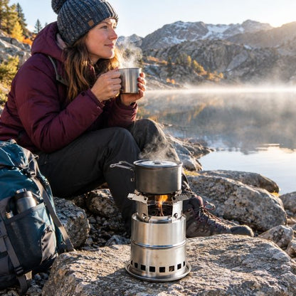 Randonneuse au bord d'un lac avec le réchaud bivouac SylvaFlam
