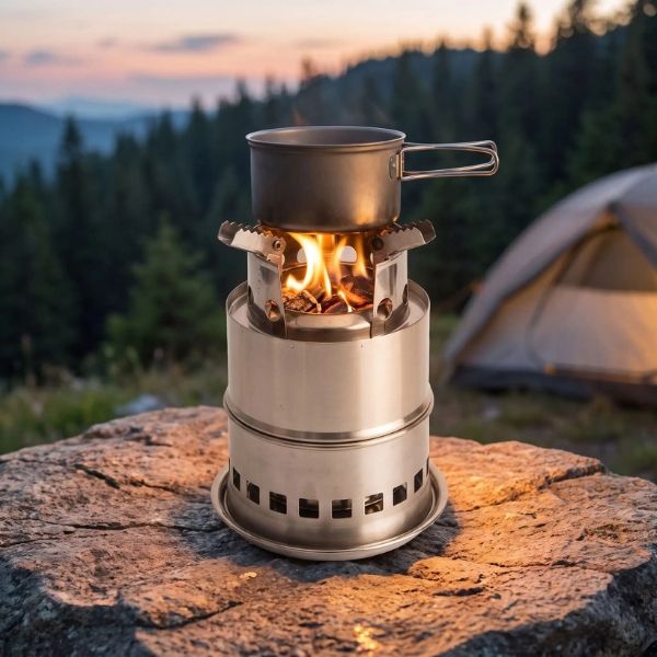 Réchaud bivouac SylvaFlam allumé sur un rocher, casserole posée dessus