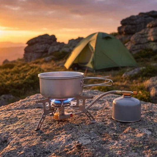 Réchaud camping gaz FlexFlam avec casserole au bivouac en montagne