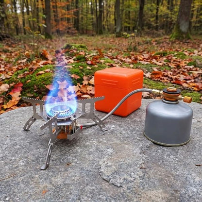 Flamme bleue du réchaud camping gaz FlexFlam en forêt