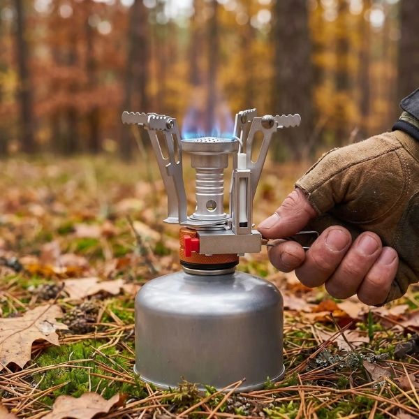 Allumage piezo du réchaud gaz MiniFlam en forêt d'automne
