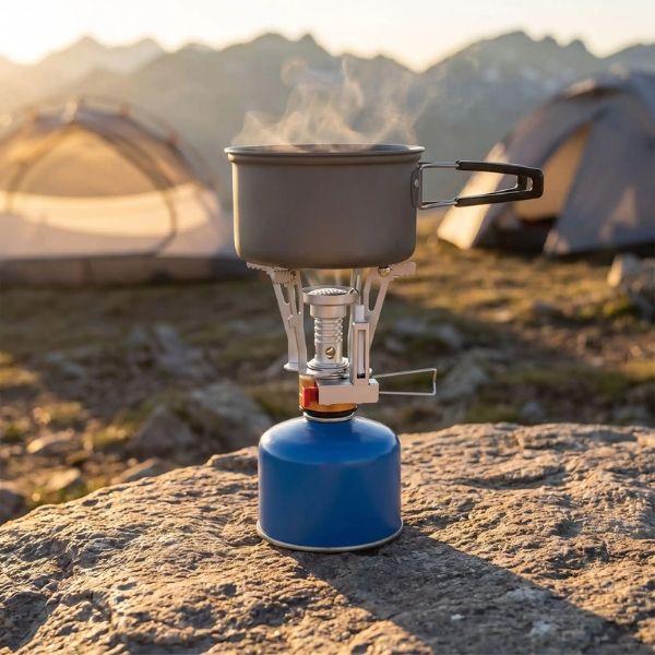 Réchaud gaz MiniFlam avec une casserole au bivouac en montagne