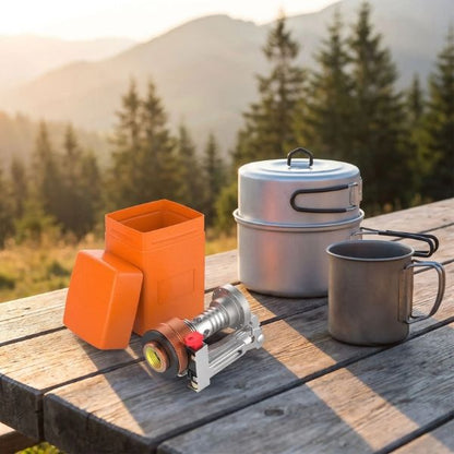 Réchaud gaz MiniFlam plié à côté de sa boîte, d'une popote et d'une tasse