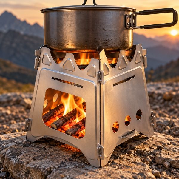 Réchaud pour randonnée FoldFlam allumé sur une pierre plate