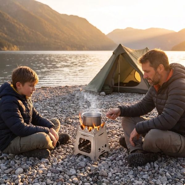Père et fils au bivouac avec le réchaud FoldFlam