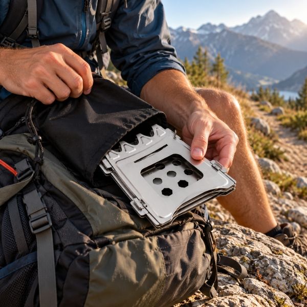 Réchaud pour randonnée FoldFlam replié à plat sorti du sac