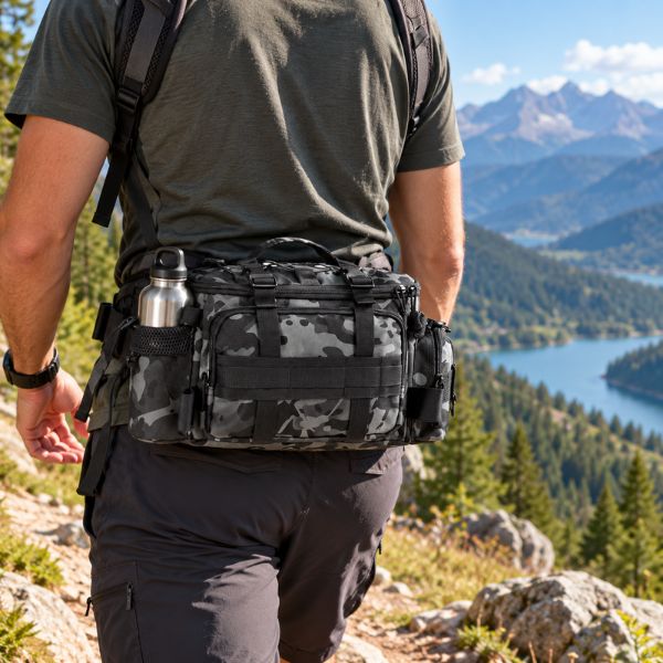 Randonneur portant le sac banane Pathfinder gris bleu