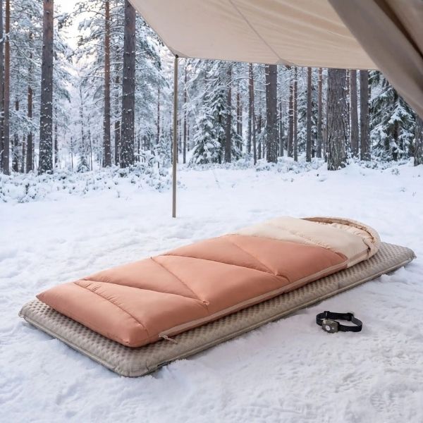 Sac de couchage hiver CosyPod beige saumon dans la neige
