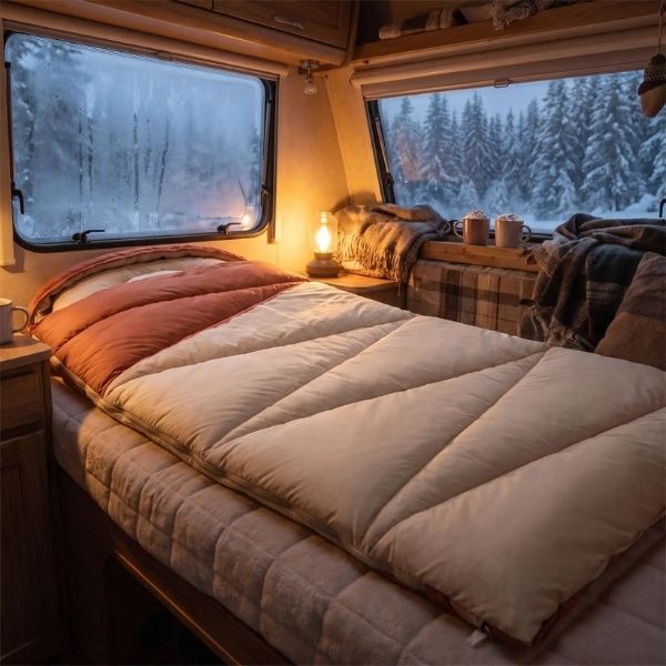 Sac de couchage hiver CosyPod sur le lit d'un van