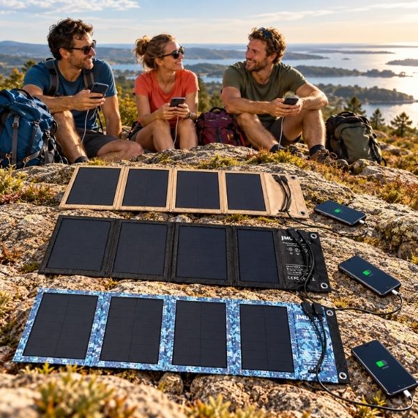 Panneaux solaires SolPack beige, noir et camouflage bleu en randonnée