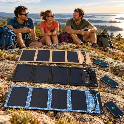 Panneaux solaires SolPack beige, noir et camouflage bleu en randonnée