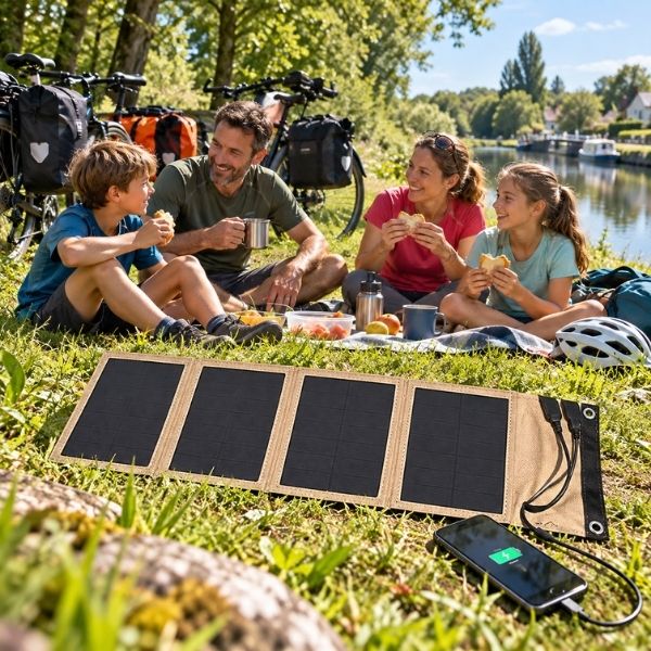 Panneau solaire SolPack beige, pique-nique en famille près d'un canal
