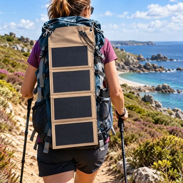 Panneau solaire SolPack beige accroché à un sac de randonnée