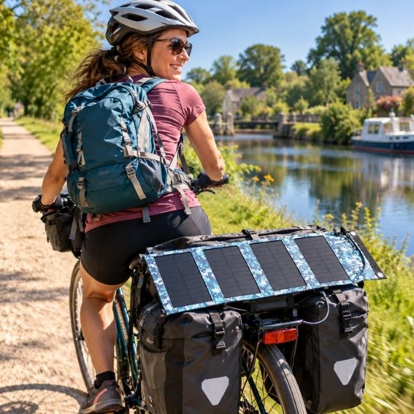 Panneau solaire SolPack camouflage bleu fixé sur une sacoche vélo