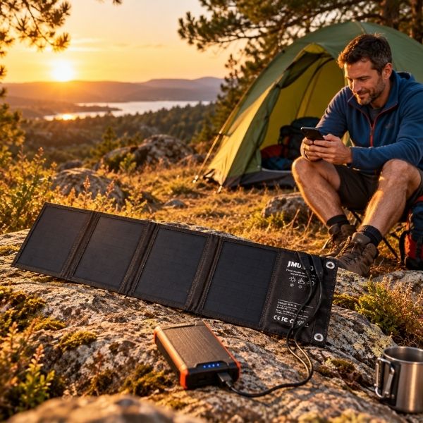 Panneau solaire SolPack noir sur un rocher au bivouac