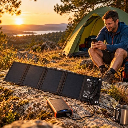 Panneau solaire SolPack noir sur un rocher au bivouac